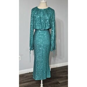 Asos Women's Blouson Sleeve Teal Green Sequin Midi Dress Size 2